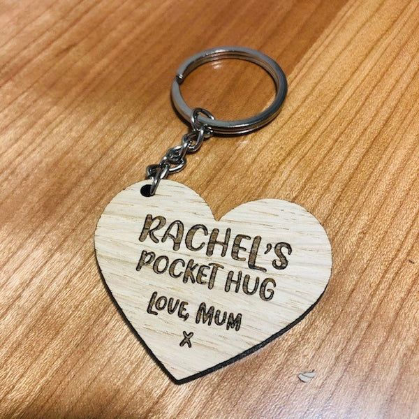 Personalised Wood Engraved Heart Pocket Hug Keyring (Oak / Walnut) - Love  by Laser
