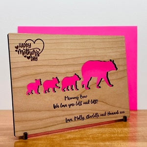 Personalised Mother's Day 'Baby/Mummy' Bear Wood Engraved Card (Oak /  Walnut) - Love by Laser