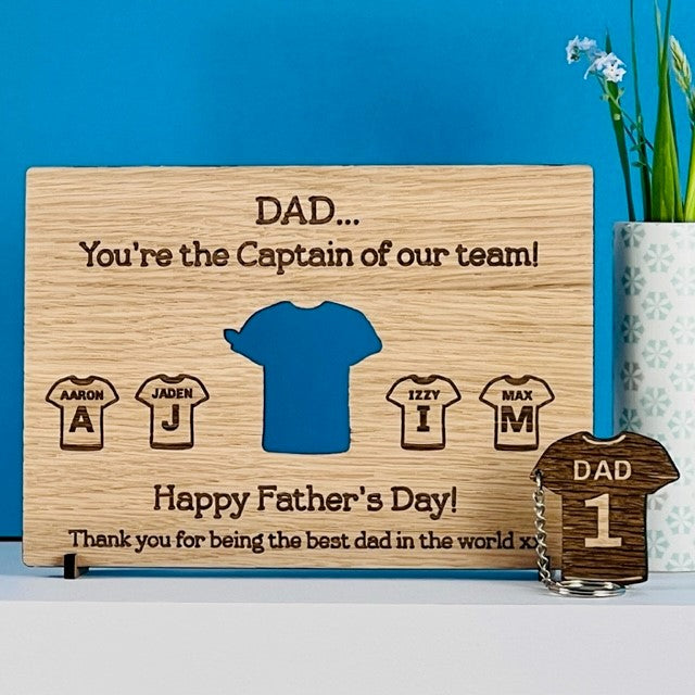 &#39;You&#39;re the Captain of our team&#39; Father&#39;s Day Wooden Keyring &amp; Card