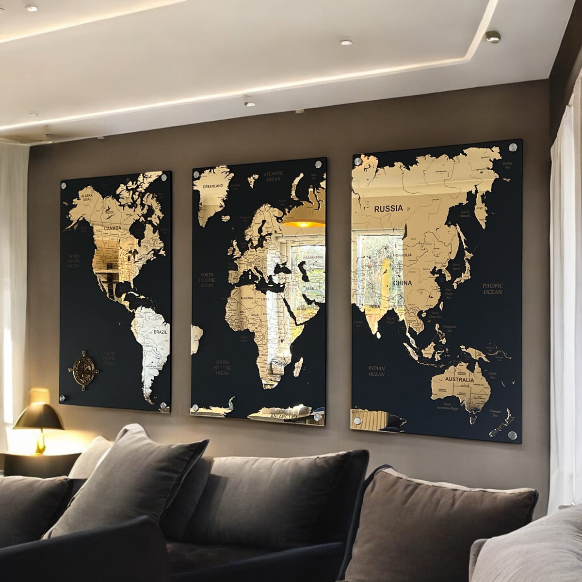 Gold Wooden World Map Wall Art