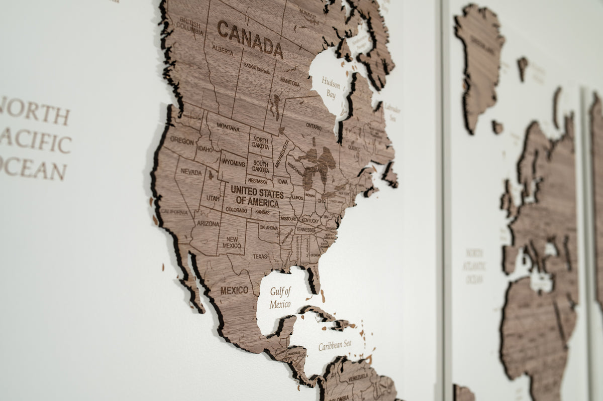 3D World Wall Map - White &amp; Walnut Wood