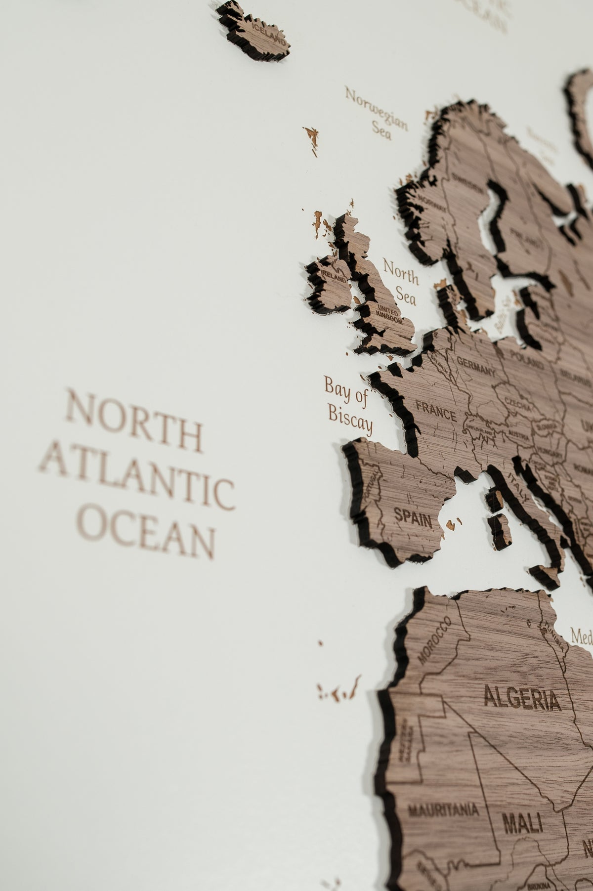 3D World Wall Map - White &amp; Walnut Wood