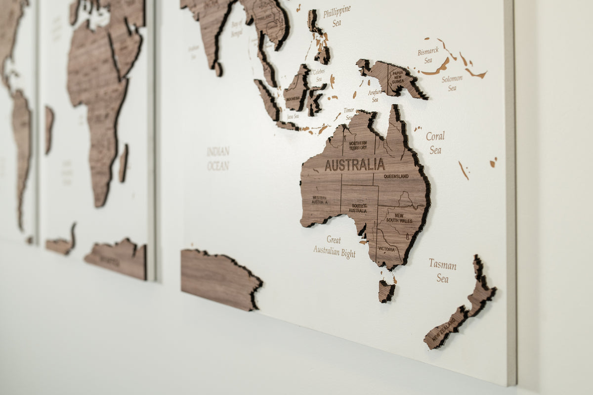 3D World Wall Map - White &amp; Walnut Wood