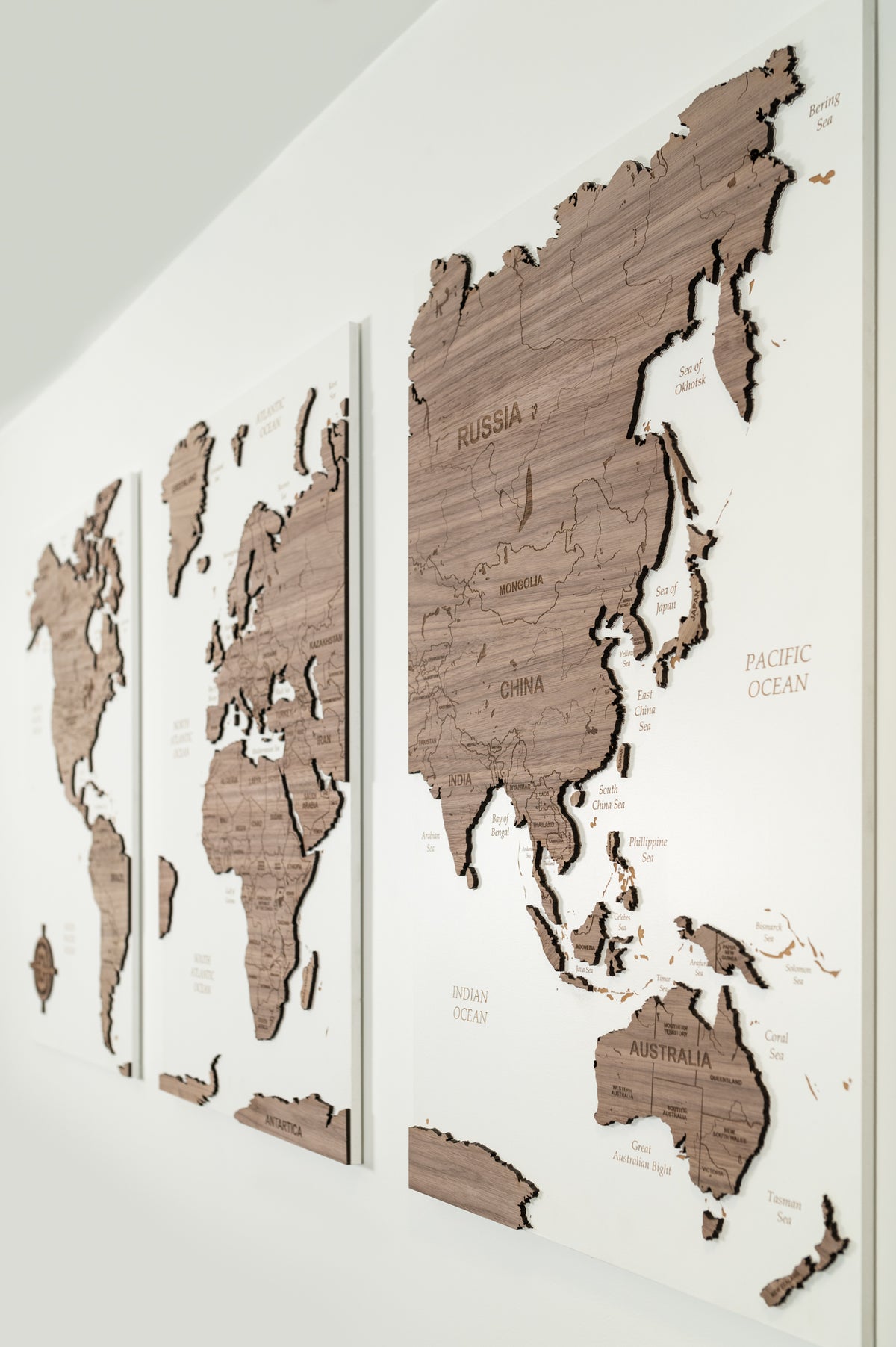 3D World Wall Map - White &amp; Walnut Wood