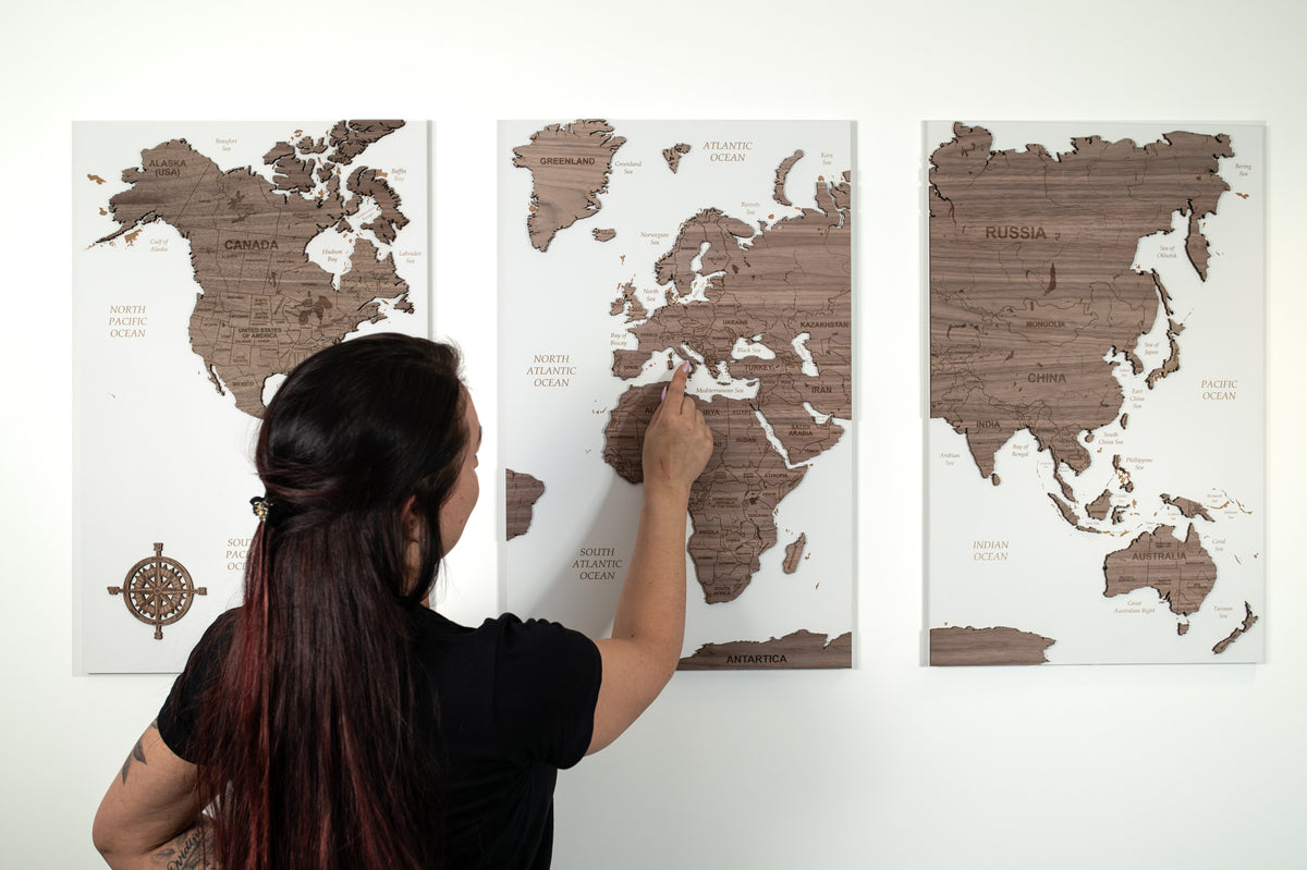 3D World Wall Map - White &amp; Walnut Wood