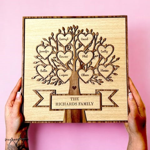 Oak and Walnut Engraved Family Tree Plaque