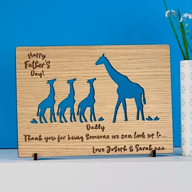 Carte en bois Girafe et bébé Happy Father&#39;s Day