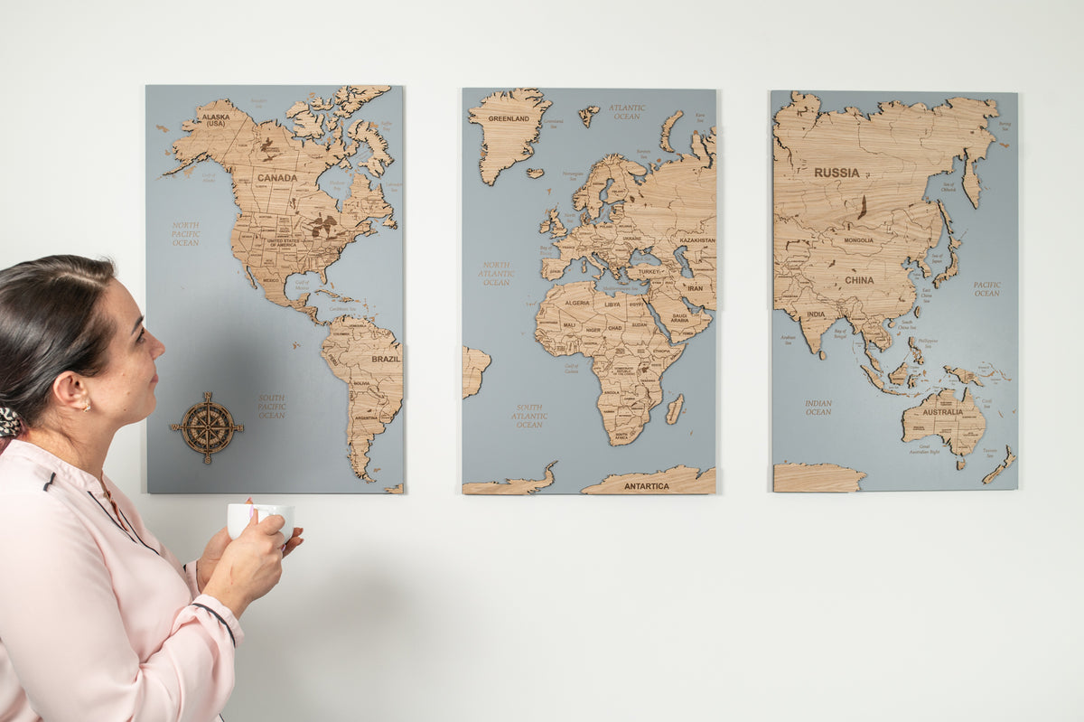 Wooden World Map Wall Art - Gray