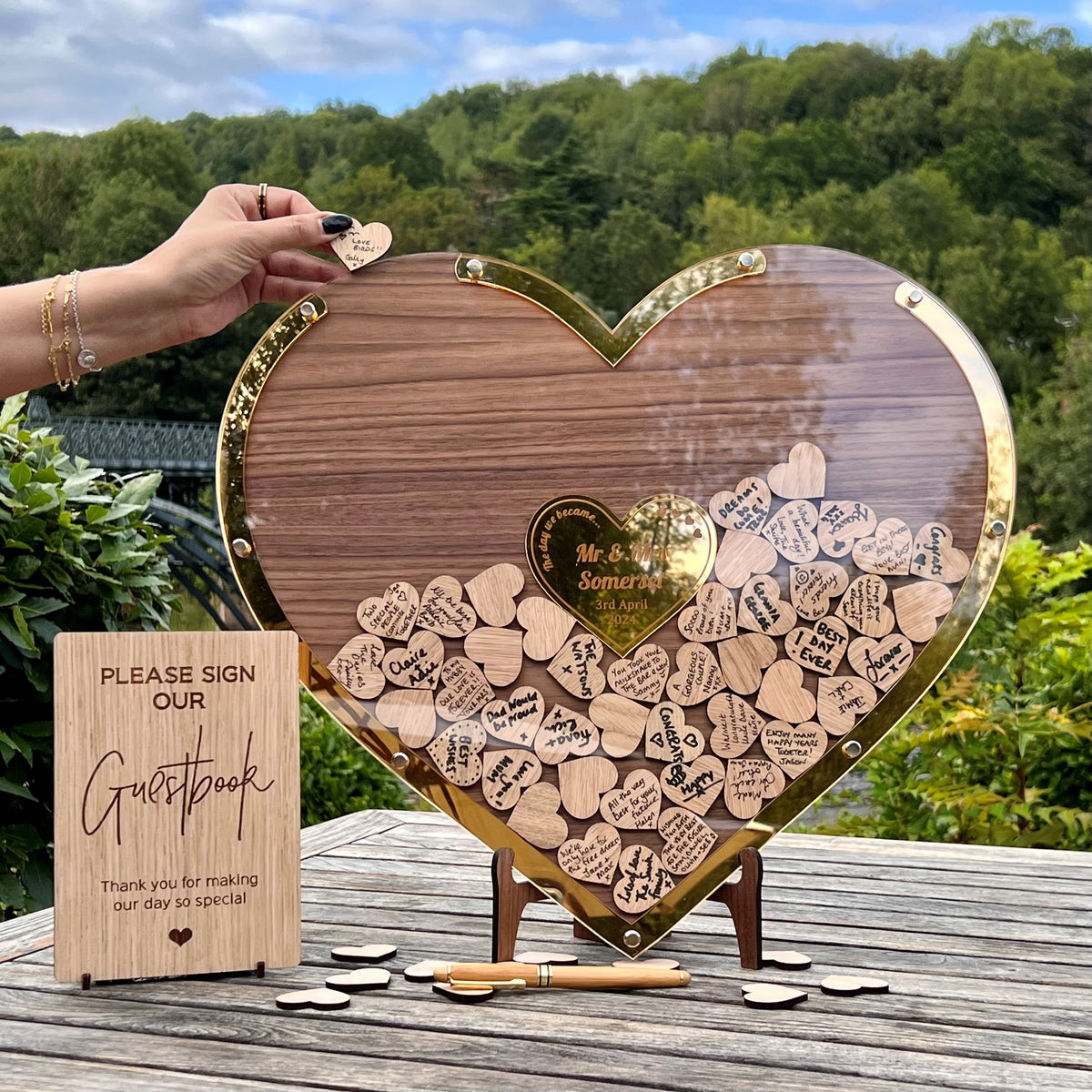 Wedding Heart Guestbook - Walnut &amp; Gold