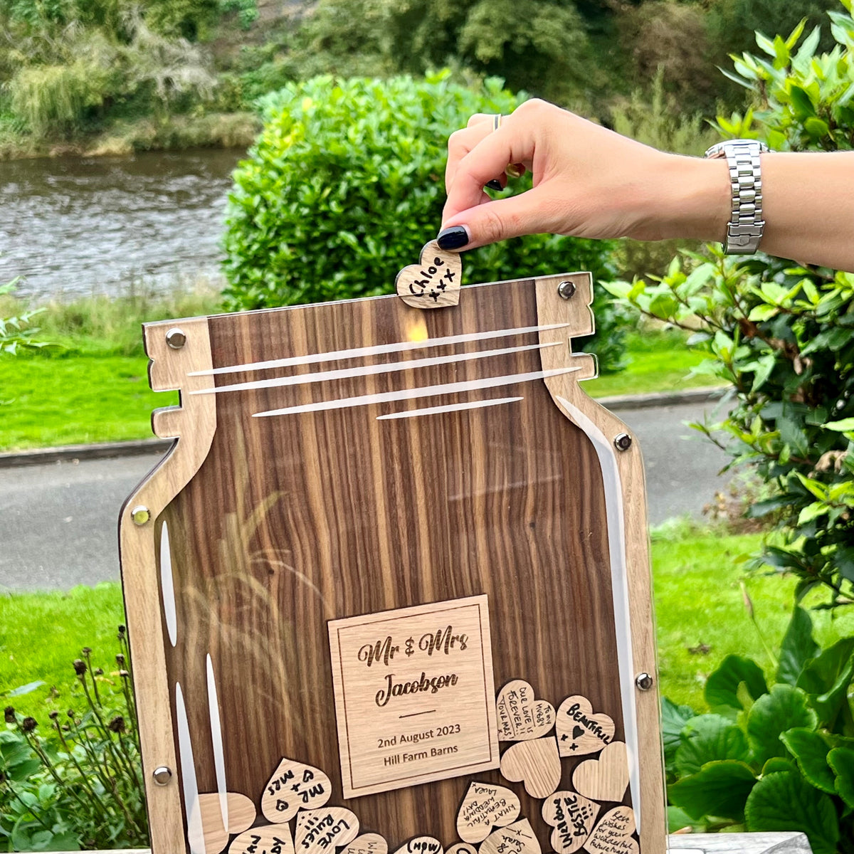 &#39;Jar of Hearts&#39; Drop Box Wedding Guestbook - Walnut &amp; Oak Wood