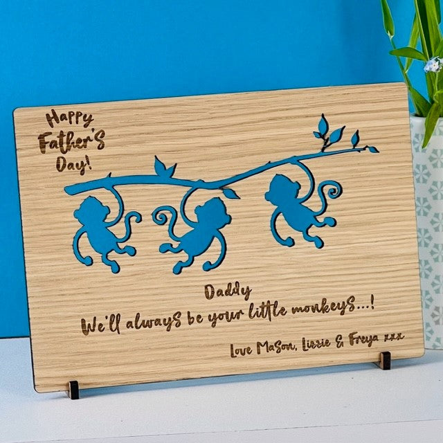 Carte en bois Happy Father&#39;s Day &#39;Little Monkeys&#39;