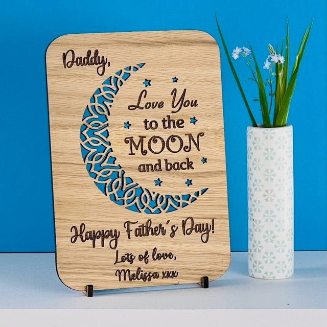 &#39;Love you to the Moon and Back&#39; Wooden Father&#39;s Day Card