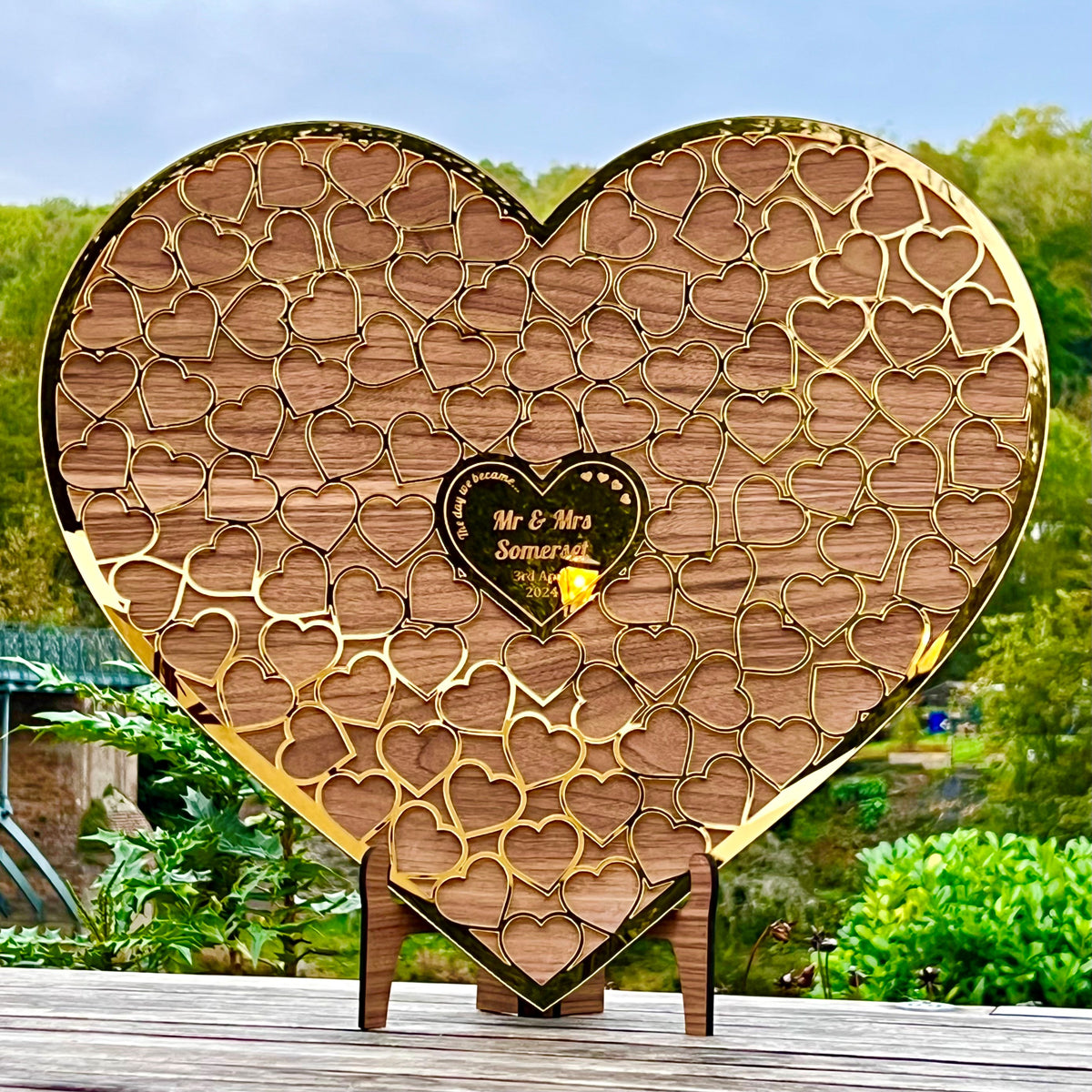 Gold &amp; Walnut wood Heart Wedding Guestbook