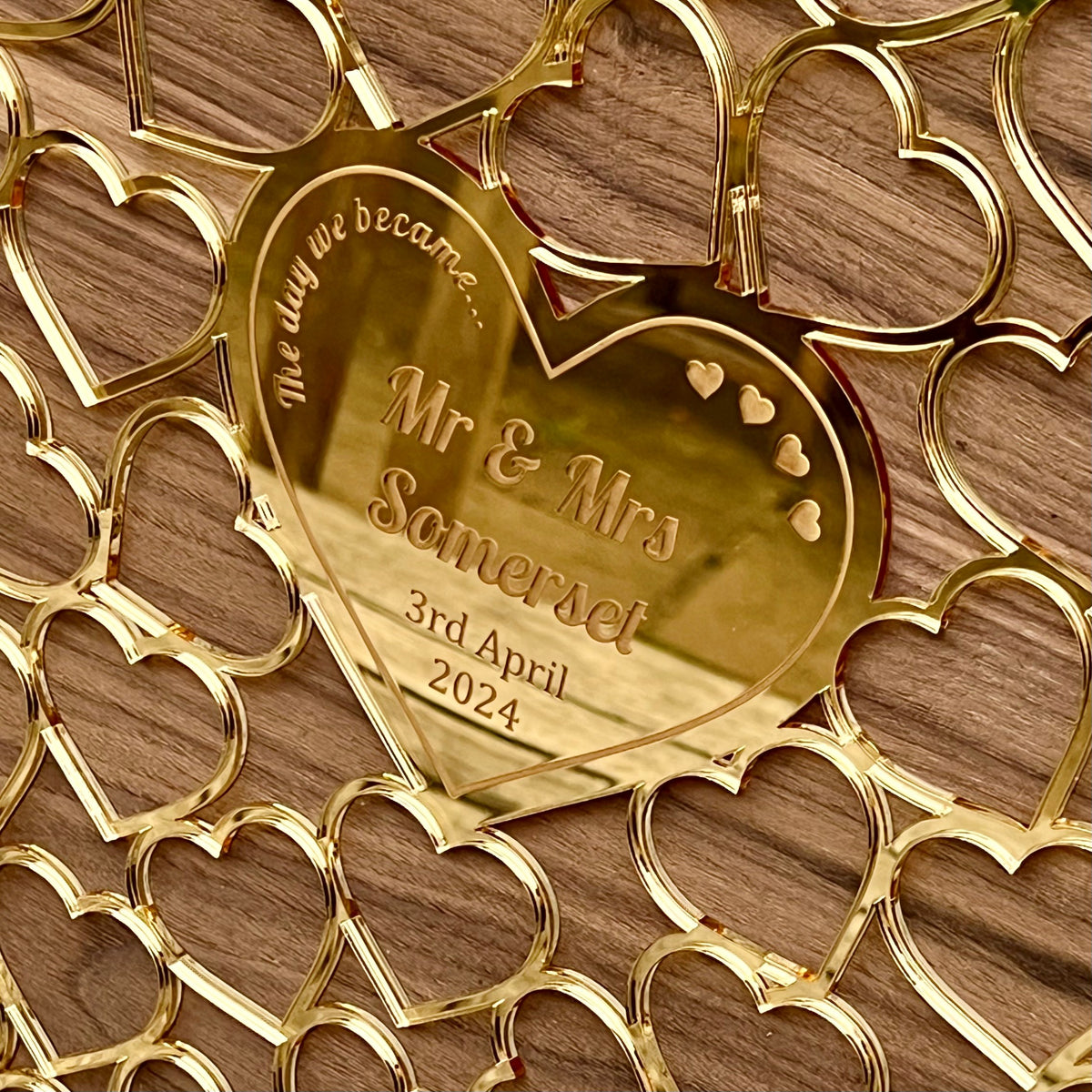 Gold &amp; Walnut wood Heart Wedding Guestbook