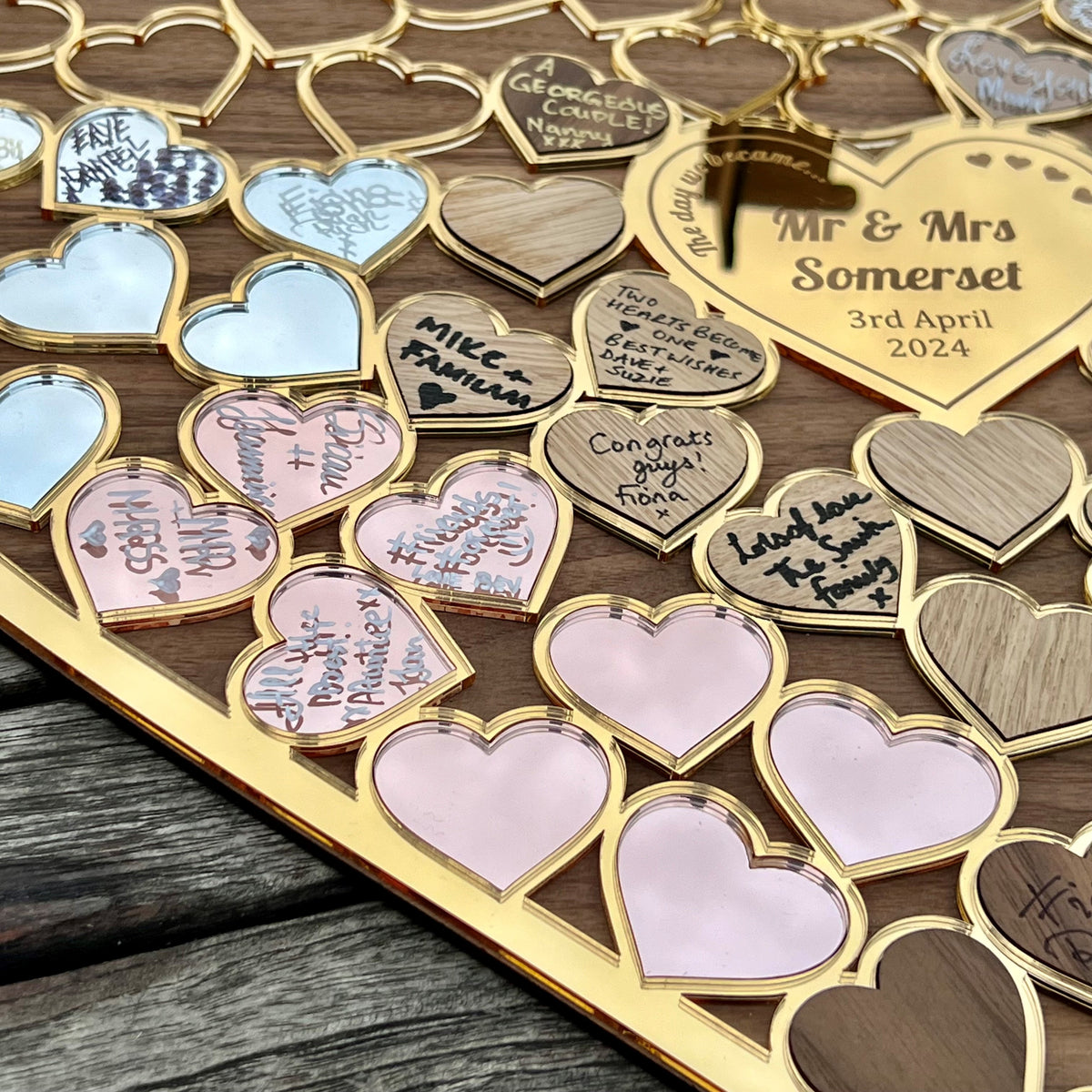 Gold &amp; Walnut wood Heart Wedding Guestbook