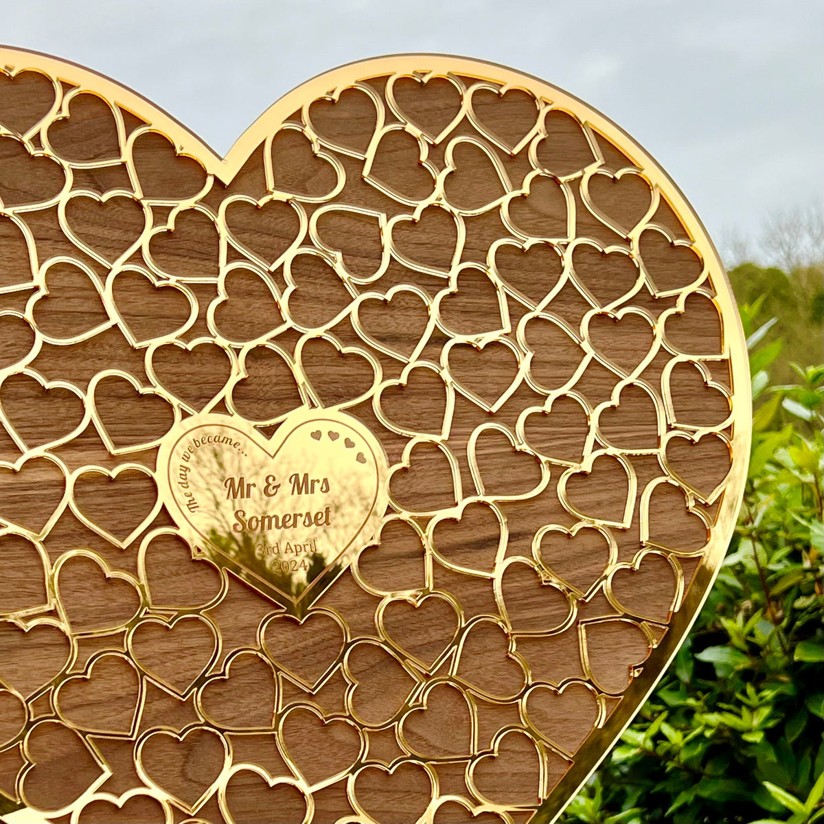 Gold &amp; Walnut wood Heart Wedding Guestbook