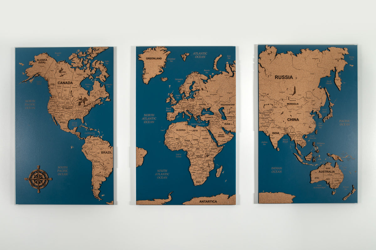 Cork World Map Wall Art - Deep Ocean