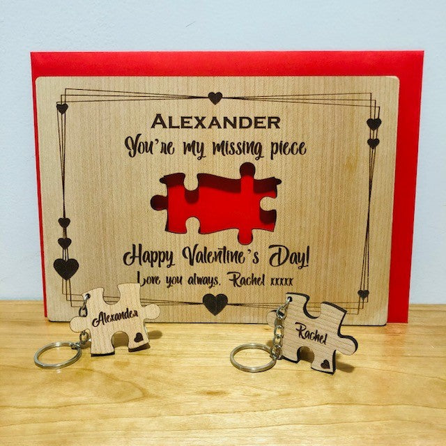 “You’re My Missing Piece” Valentine&#39;s Day Wooden Card &amp; 2 x Jigsaw Keyringsi