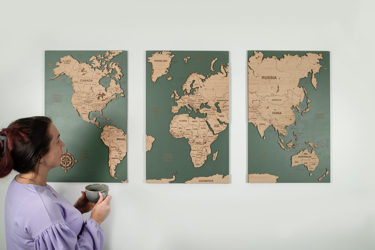 3D World Map Wall Art - Sage