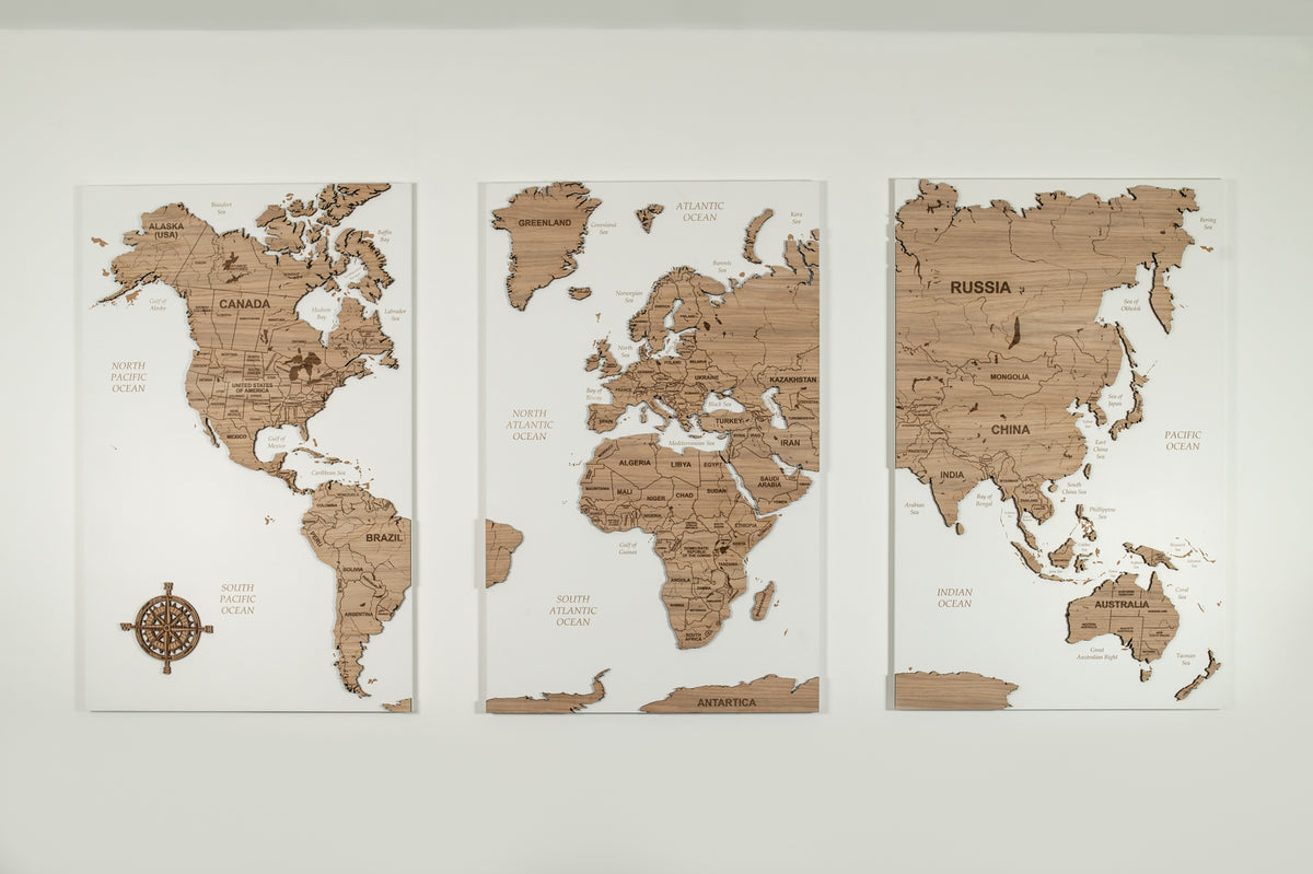 Oak Wood 3D World Map - White