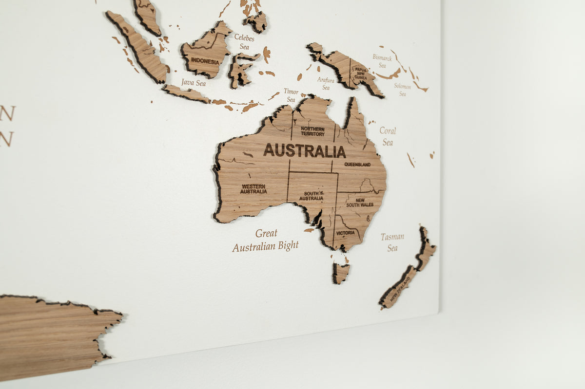 Oak Wood 3D World Map - White