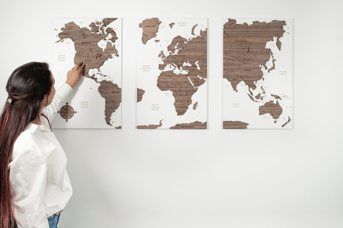 3D World Wall Map - White &amp; Walnut Wood