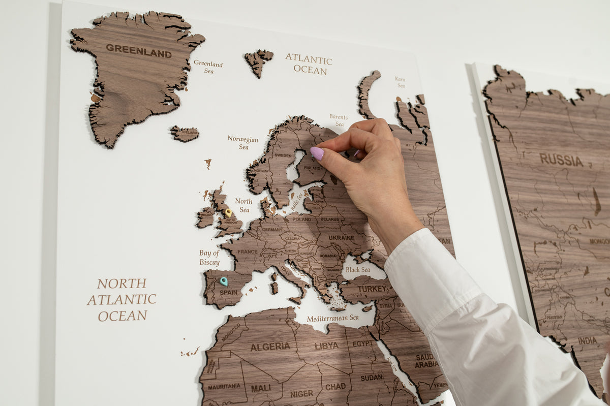 3D World Wall Map - White &amp; Walnut Wood