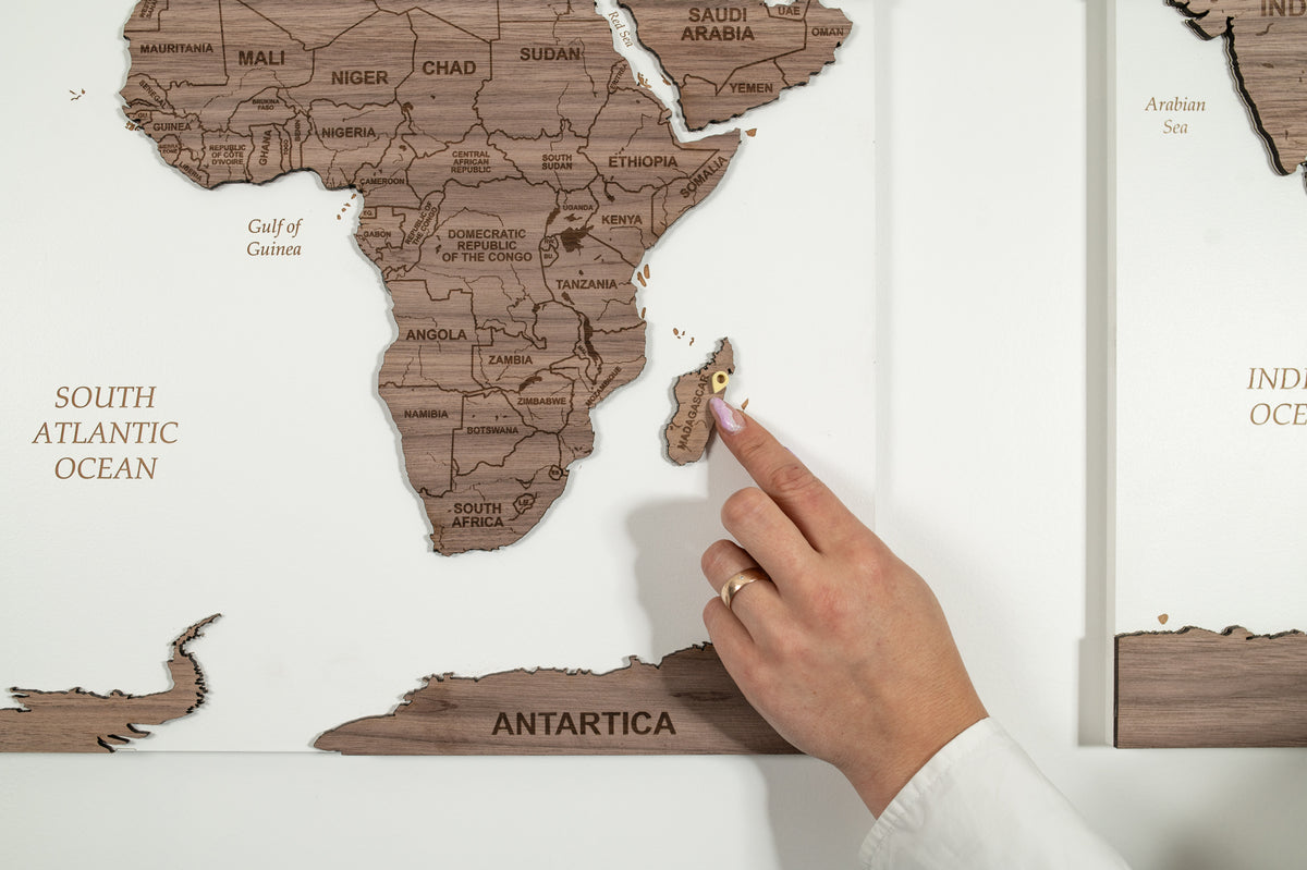 3D World Wall Map - White &amp; Walnut Wood