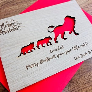 &#39;Lion Cubs&#39; Merry Christmas Wooden Card