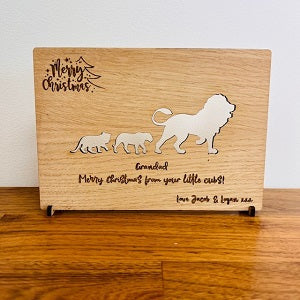 &#39;Lion Cubs&#39; Merry Christmas Wooden Card