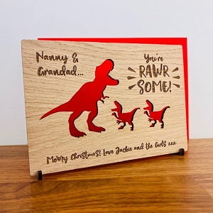 Dinosaur &amp; Baby Christmas Wooden Card