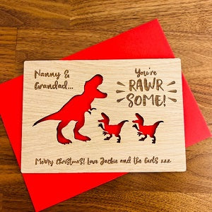 Carte en bois de Noël dinosaure et bébé