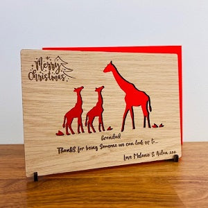 Giraffe &amp; Baby Merry Christmas Wooden Card