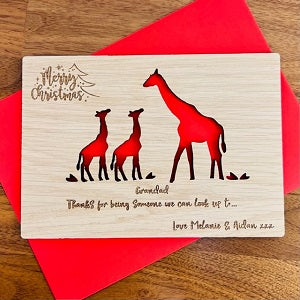 Giraffe &amp; Baby Merry Christmas Wooden Card