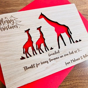 Giraffe &amp; Baby Merry Christmas Wooden Card