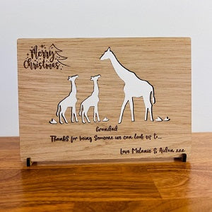 Giraffe &amp; Baby Merry Christmas Wooden Card