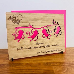 Carte en bois Happy Mother&#39;s Day &#39;Little Monkeys&#39;