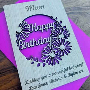 &#39;Happy Birthday&#39; Floral Cut Out Wooden Card