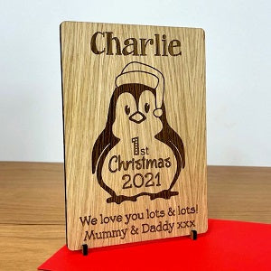 Personalised 'Baby's 1st Christmas' Wood Engraved Penguin Xmas ...