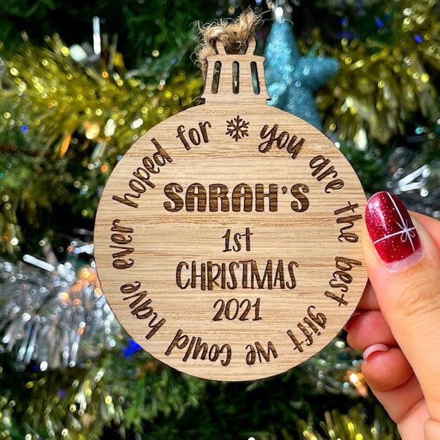 Personalised Wooden Baby\'s Name first Christmas Tree Decoration ...