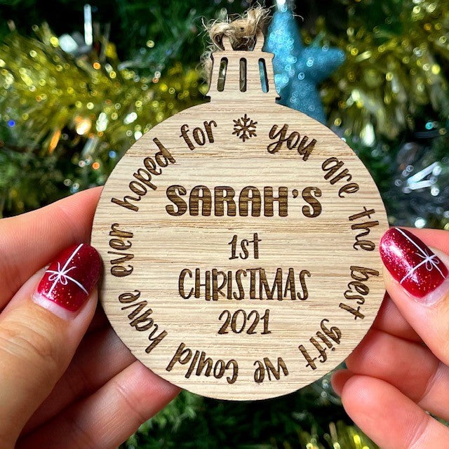 Personalised Wooden Baby\'s Name first Christmas Tree Decoration ...