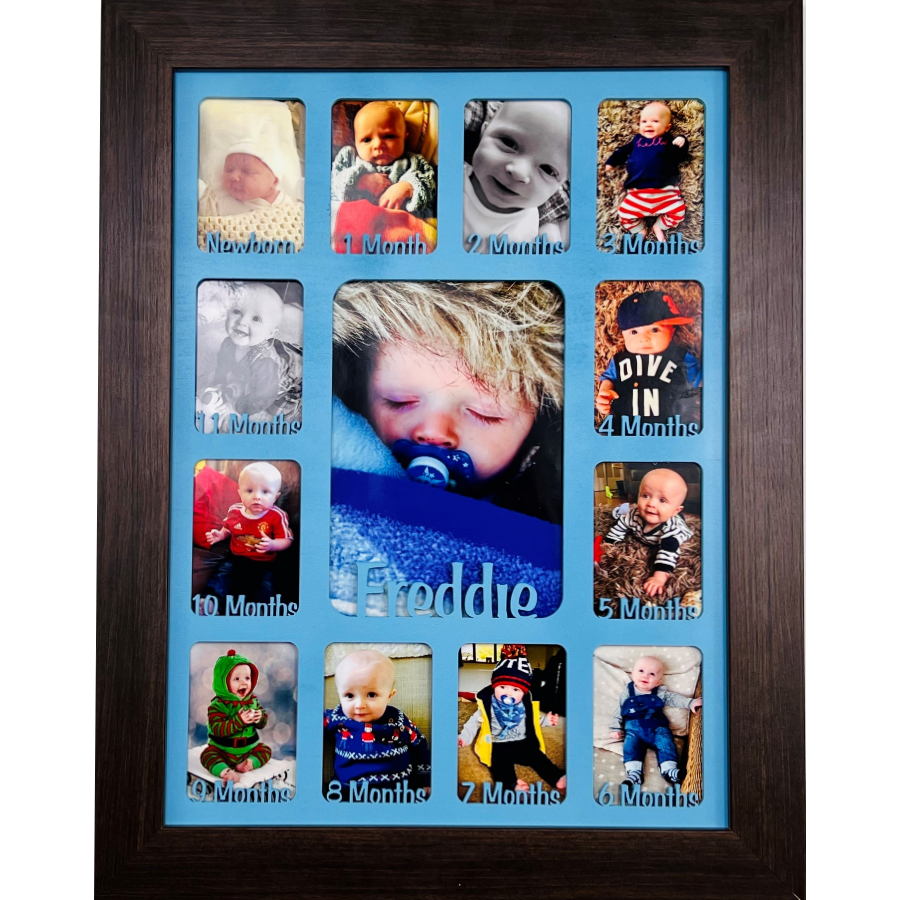 Newborn Baby 1st Year Personalised Photo Frame 1-12 months (Dark Wood Frame and Baby Blue Insert)