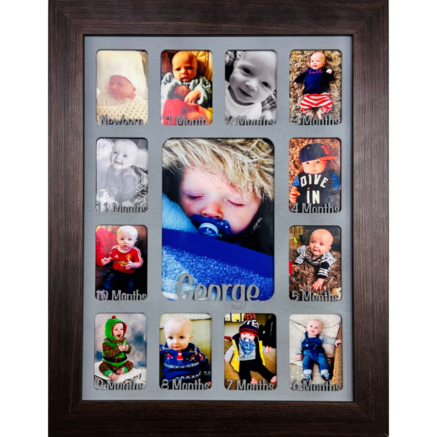 Newborn Baby 1st Year Personalised Photo Frame 1-12 months (Dark Wood Frame and Oak Insert)