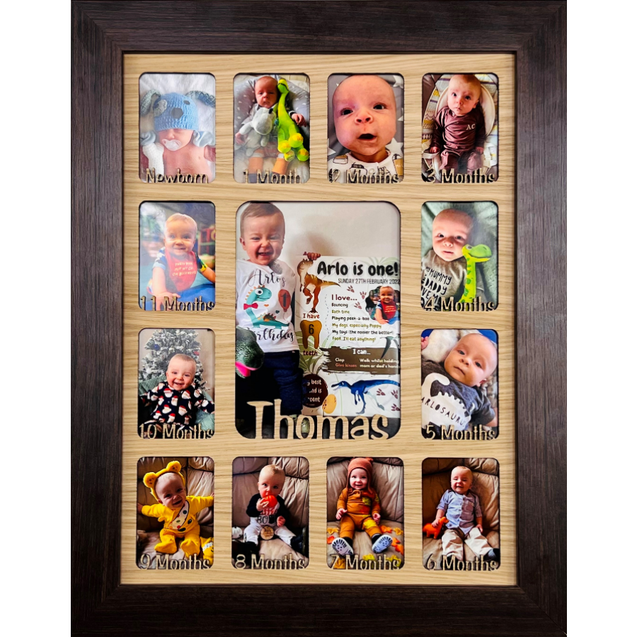 Newborn Baby 1st Year Personalised Photo Frame 1-12 months (Dark Wood Frame and Baby Blue Insert)