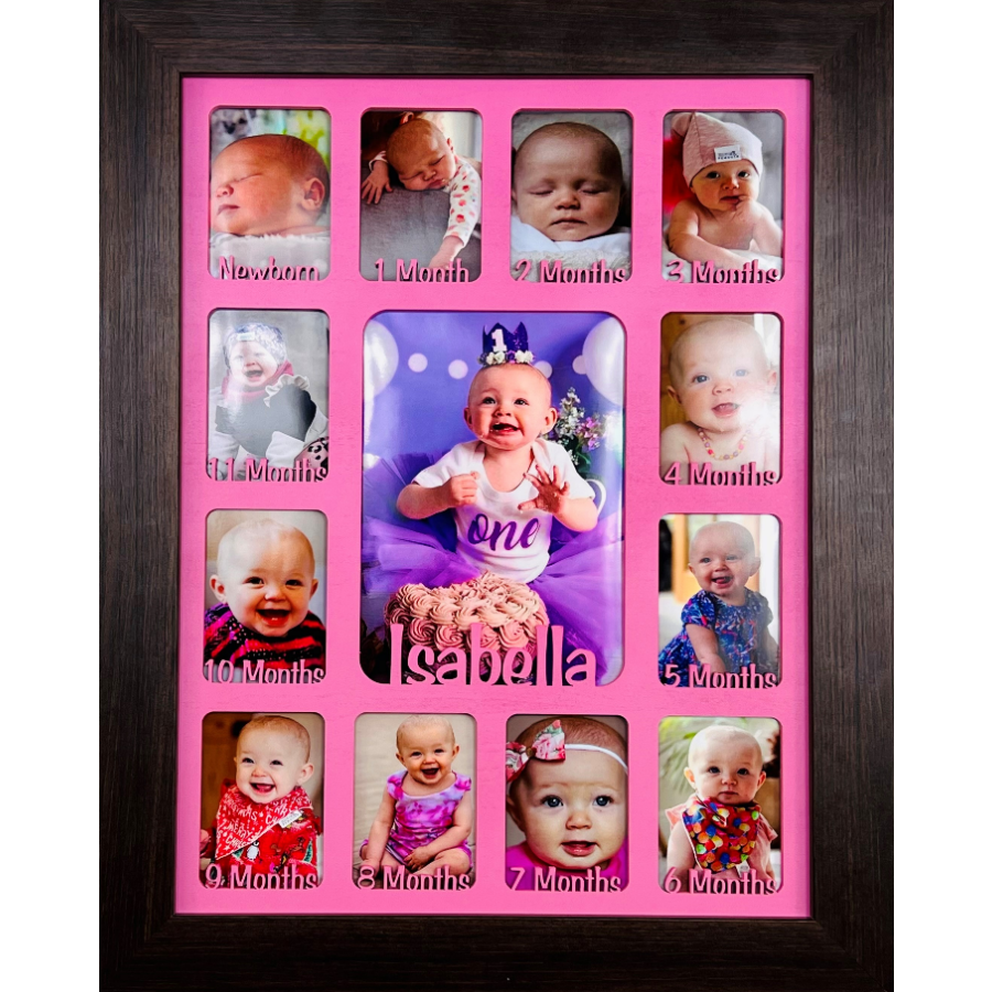 Newborn Baby 1st Year Personalised Photo Frame 1-12 months (Dark Wood Frame and Baby Pink Insert)