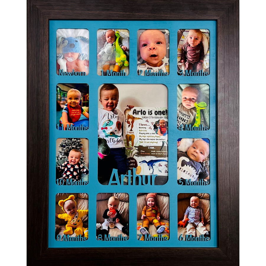 Newborn Baby 1st Year Personalised Photo Frame 1-12 months (Dark Wood Frame and Teal Insert)