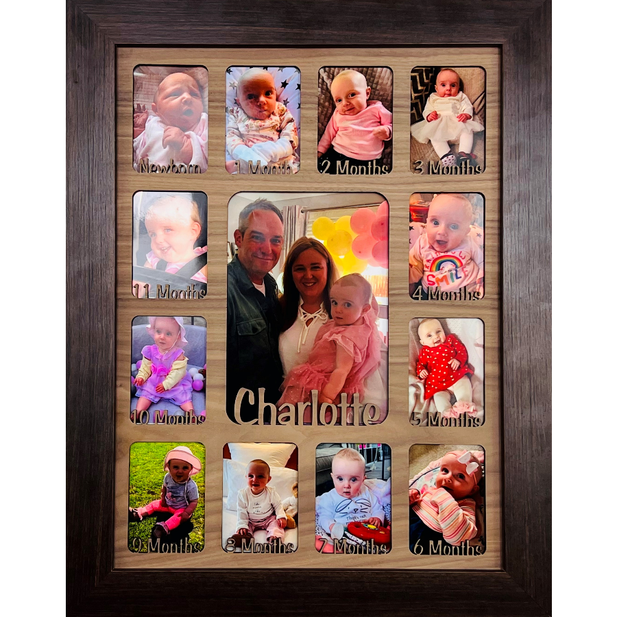 Newborn Baby 1st Year Personalised Photo Frame 1-12 months (Dark Wood Frame and Teal Insert)