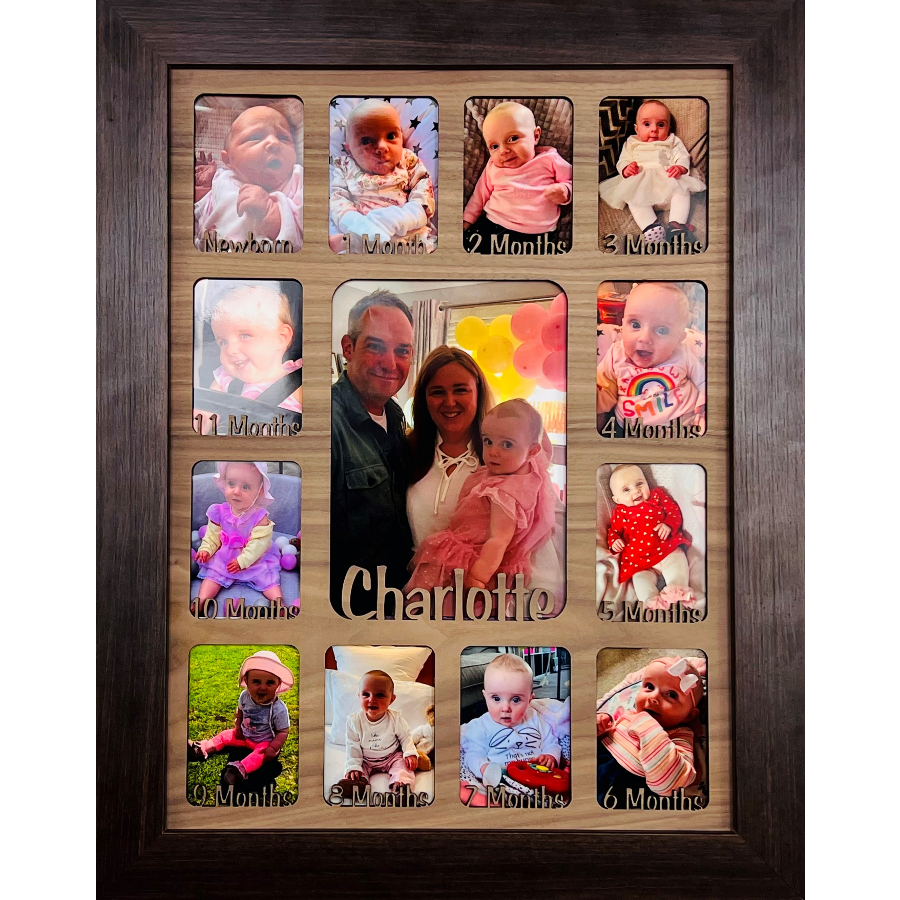 Cadre photo personnalisé nouveau-né 1ère année 1-12 mois (cadre en bois  foncé)