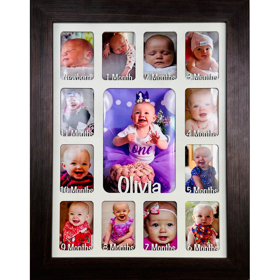 Newborn Baby 1st Year Personalised Photo Frame 1-12 months (Dark Wood Frame and Oak Insert)
