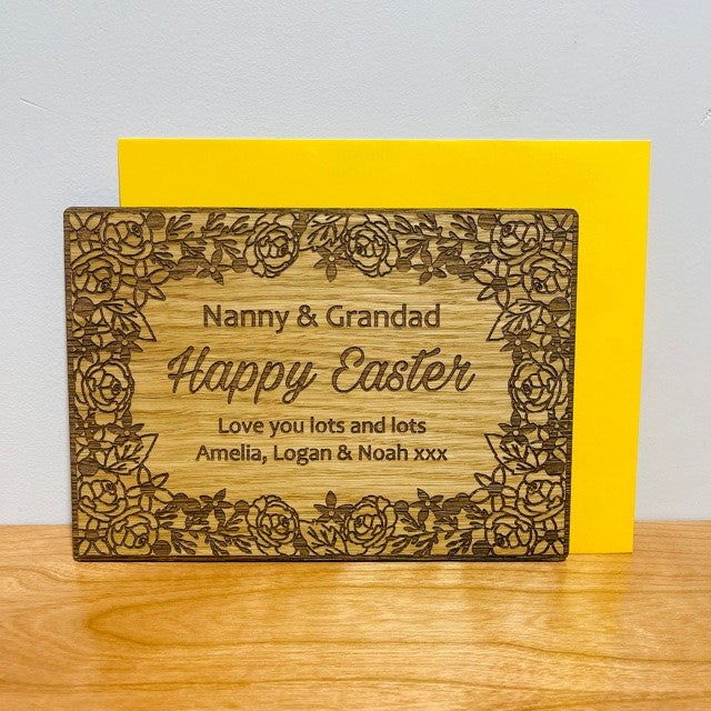 Floral &#39;Happy Easter&#39; Wooden Card